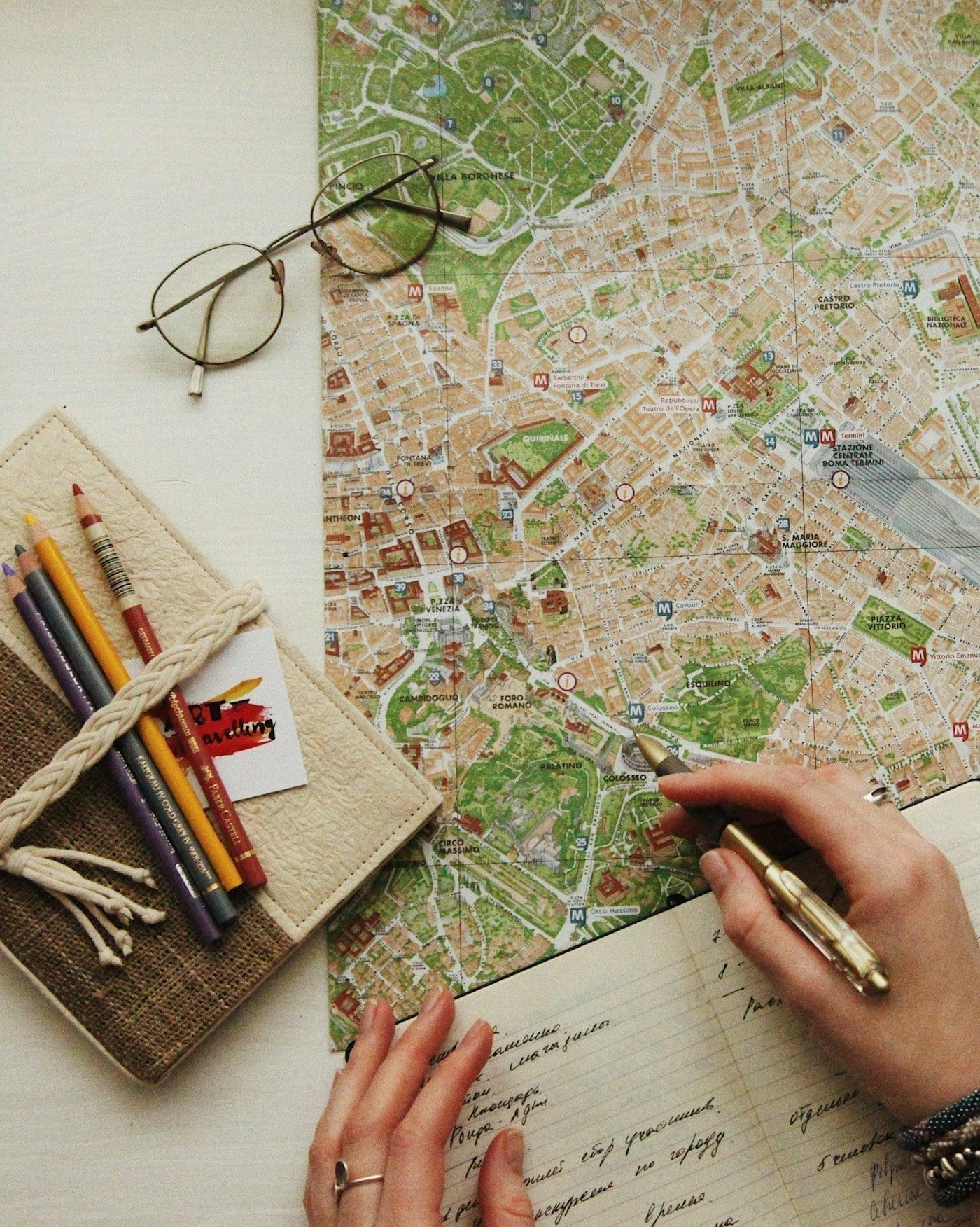 Planning a family trip with a city map and notes