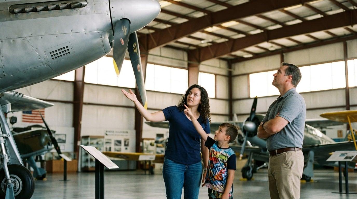 Hawaiian nanny and young boy looking at vintage aircraft in Pearl Harbor Aviation Museum hangar