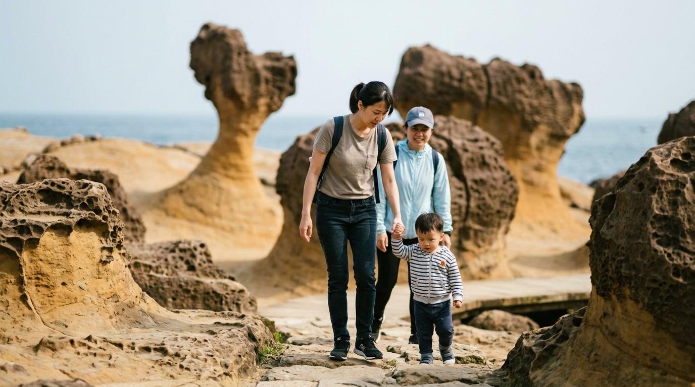 Taiwanese nanny walking with toddler and parent among mushroom rocks at Yehliu Geopark