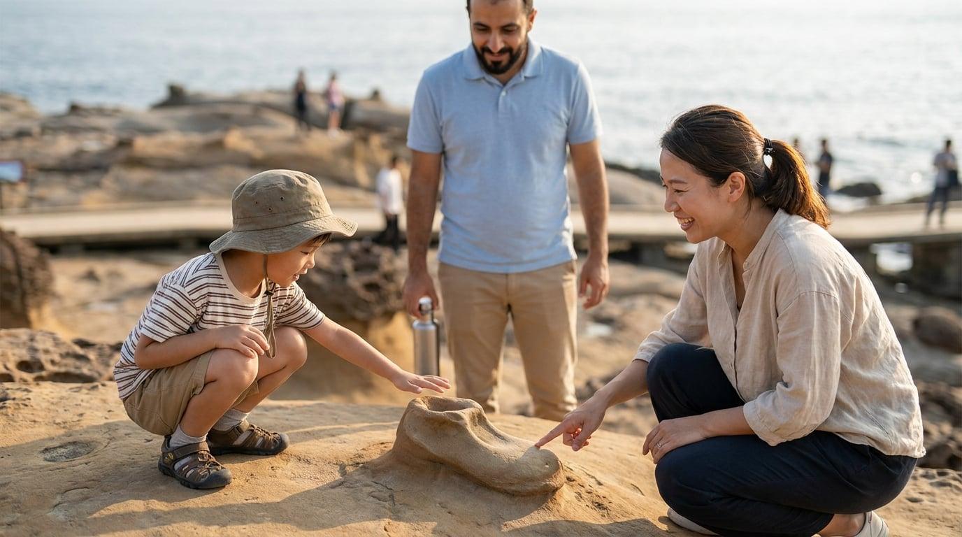 Child and Taiwanese nanny examining Fairy Shoe rock formation at Yehliu Geopark