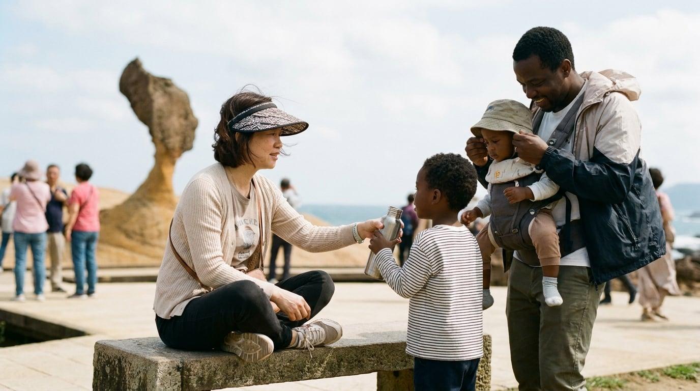 Taiwanese nanny and family resting near Candle Rock at Yehliu Geopark