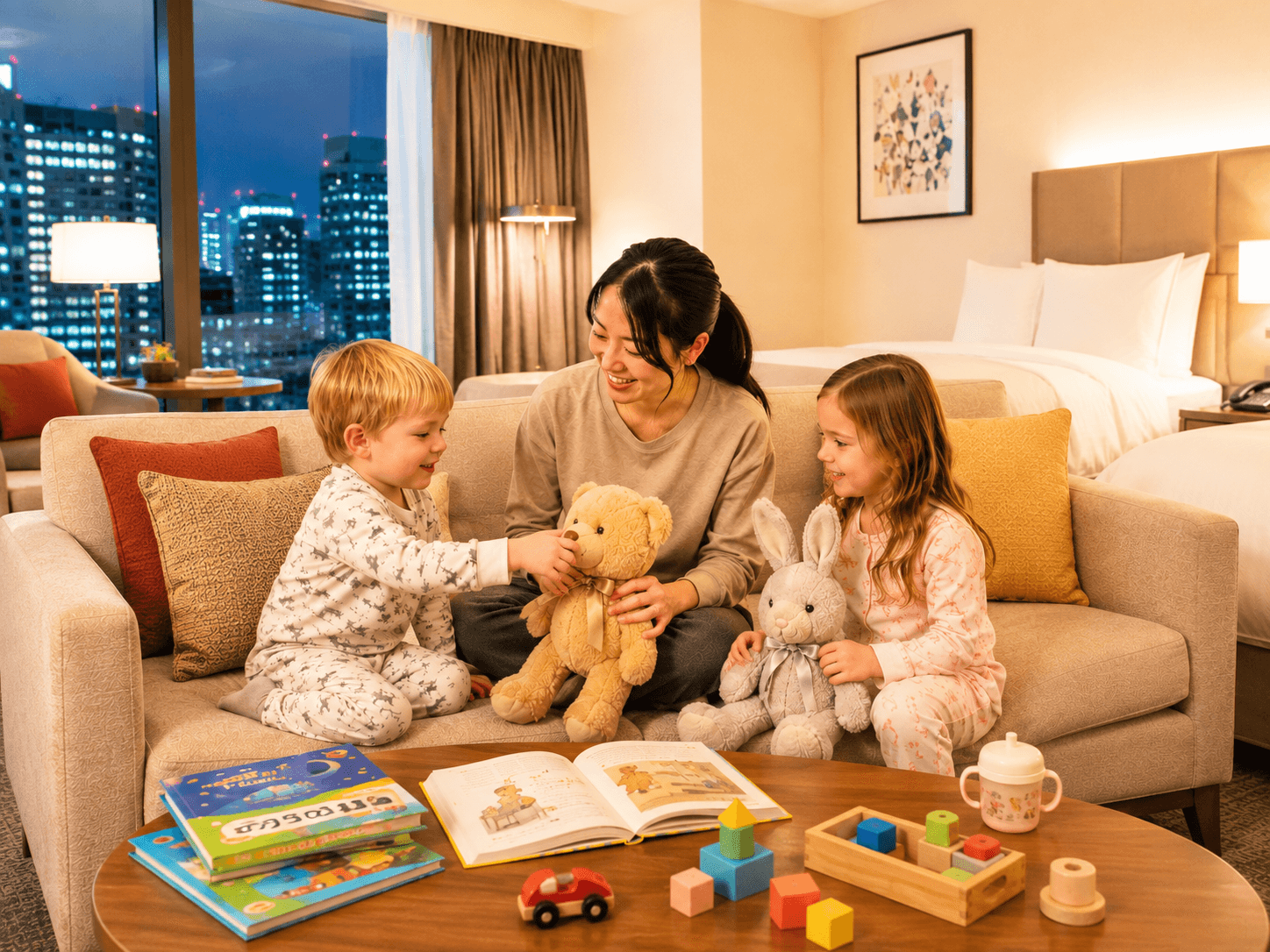 A Travel Nanny sitting on a hotel sofa with two children in pajamas, playing with stuffed animals