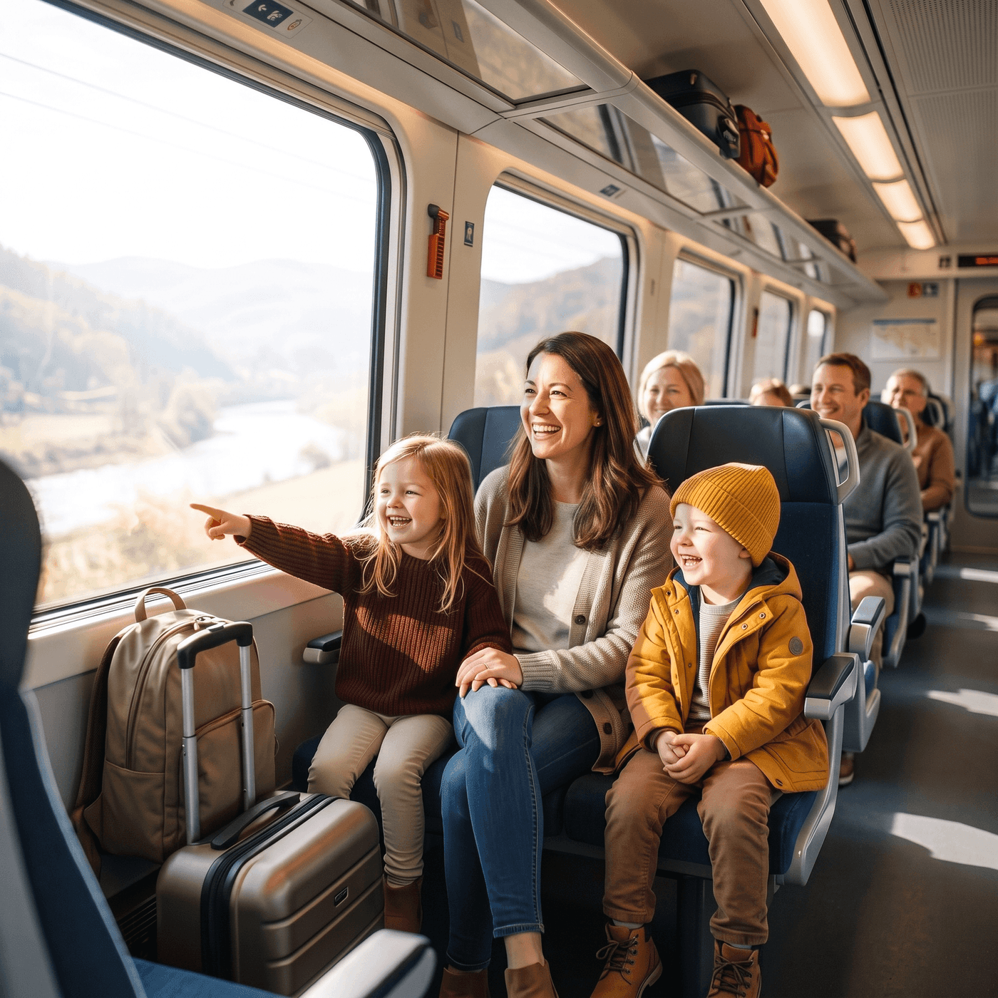 Family with luggage relaxing on a train, children pointing out the window