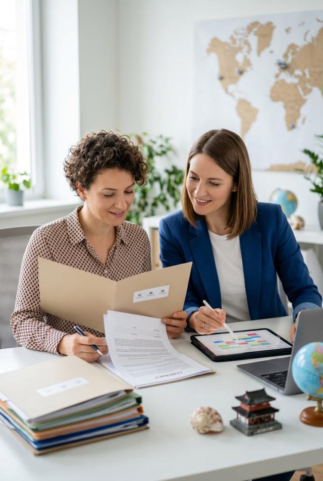 Travel Nanny coordinator reviewing booking details with a parent