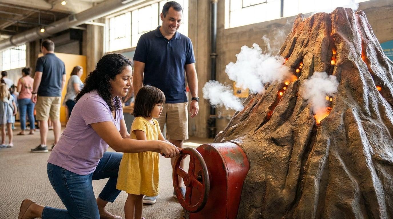 Nanny and toddler turning crank on volcano exhibit at Bishop Museum Science Center