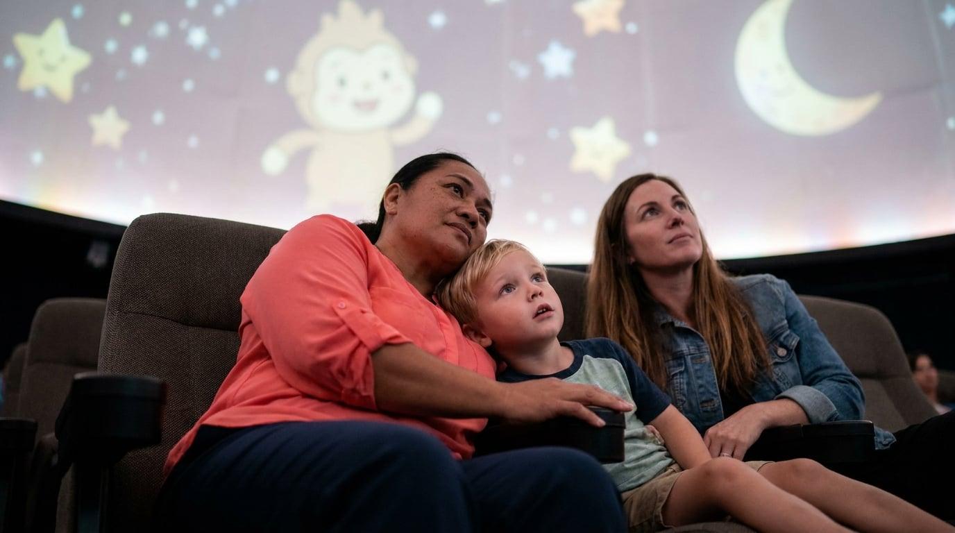 Nanny and young child watching planetarium show at Bishop Museum