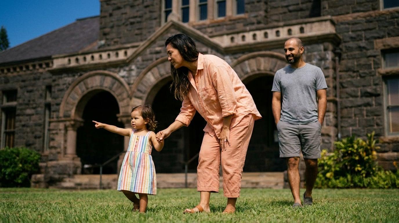 Nanny and toddler walking on Great Lawn at Bishop Museum Honolulu