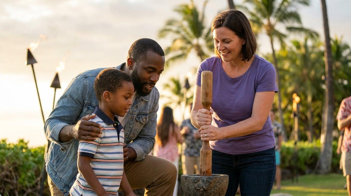 Father and young son watch Hawaiian nanny demonstrate poi pounding at outdoor luau venue