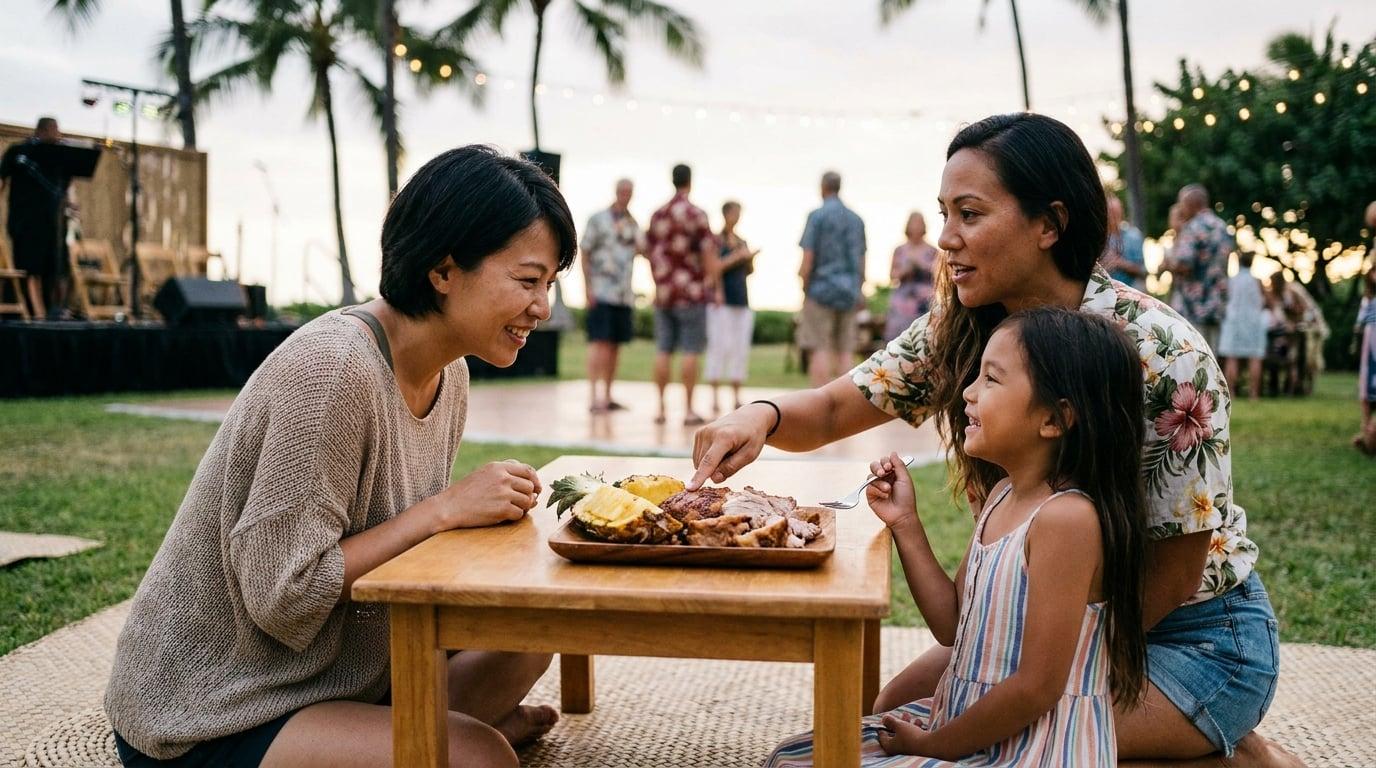 Mother, daughter and Hawaiian nanny share food at low table during outdoor luau at sunset