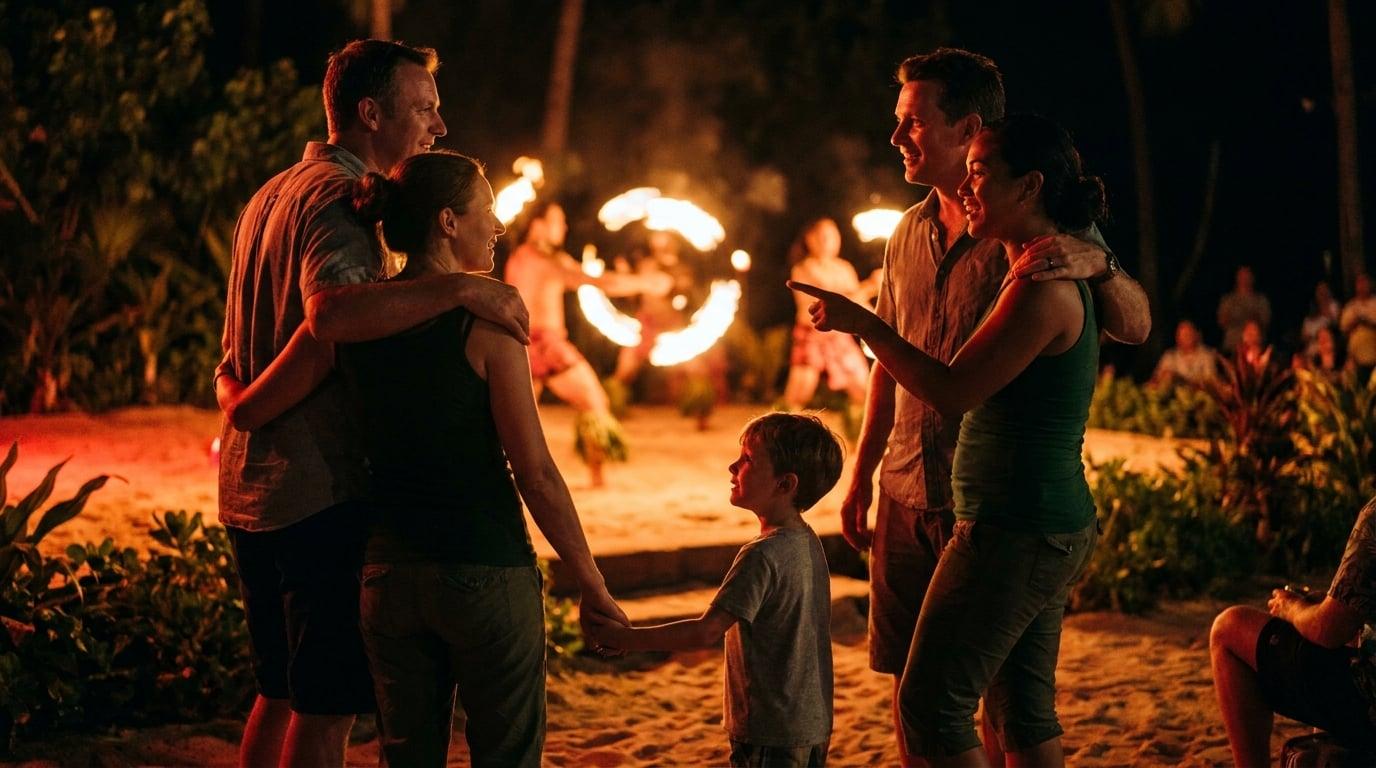 Family and Hawaiian nanny watch fire knife dancers perform at nighttime outdoor luau