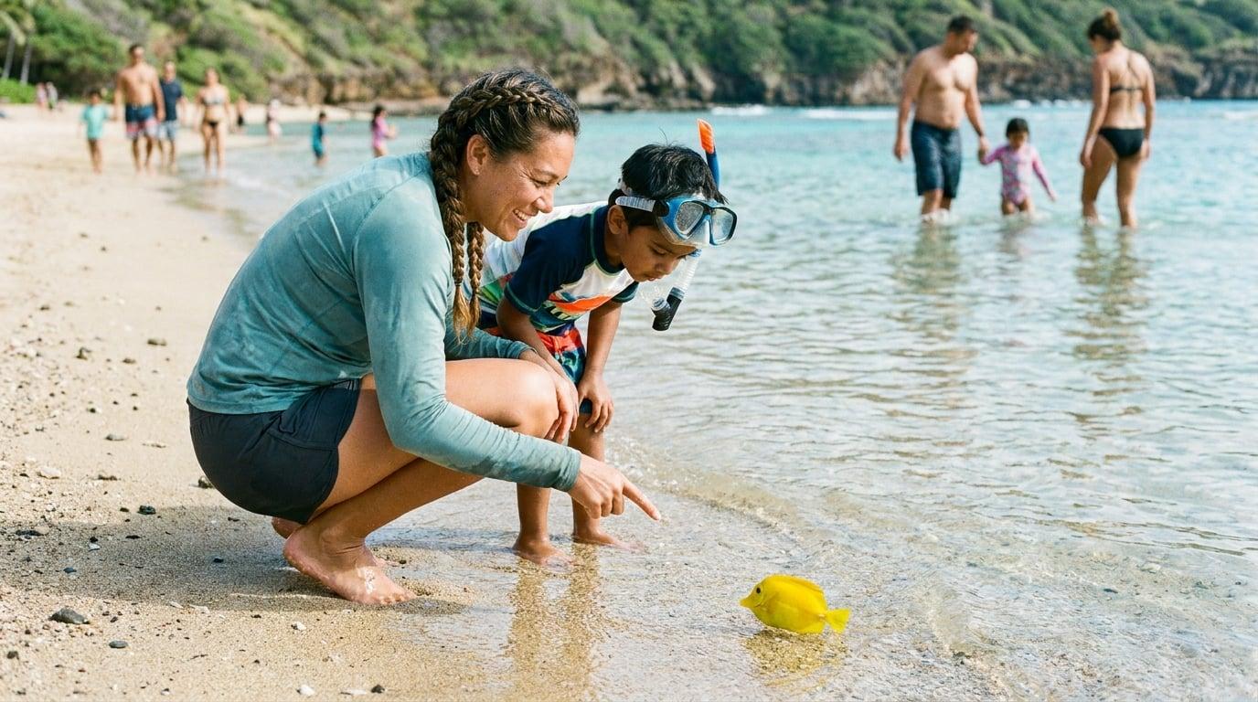Hawaiian nanny and young boy watching tropical fish in shallow water at Hanauma Bay