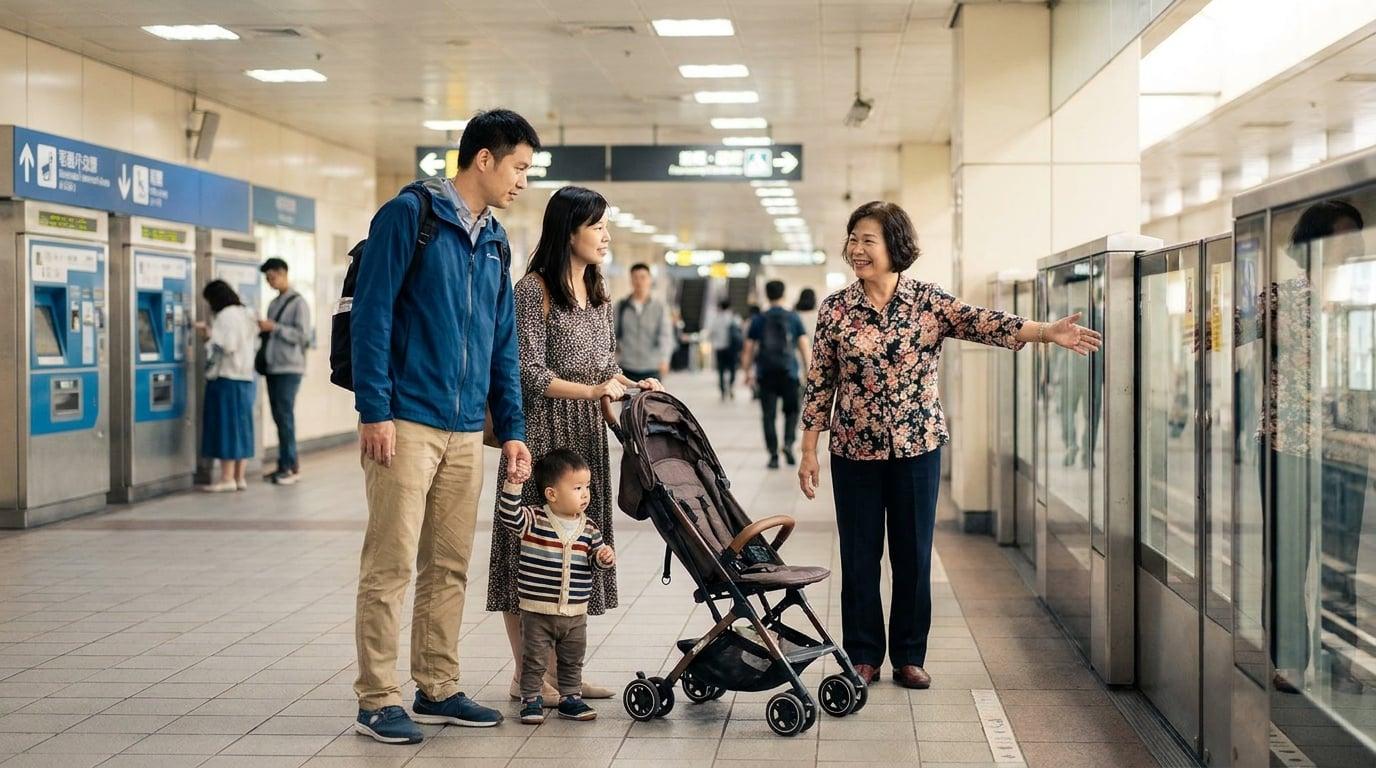Taiwanese nanny helping visiting family with stroller at Taipei MRT wide fare gate