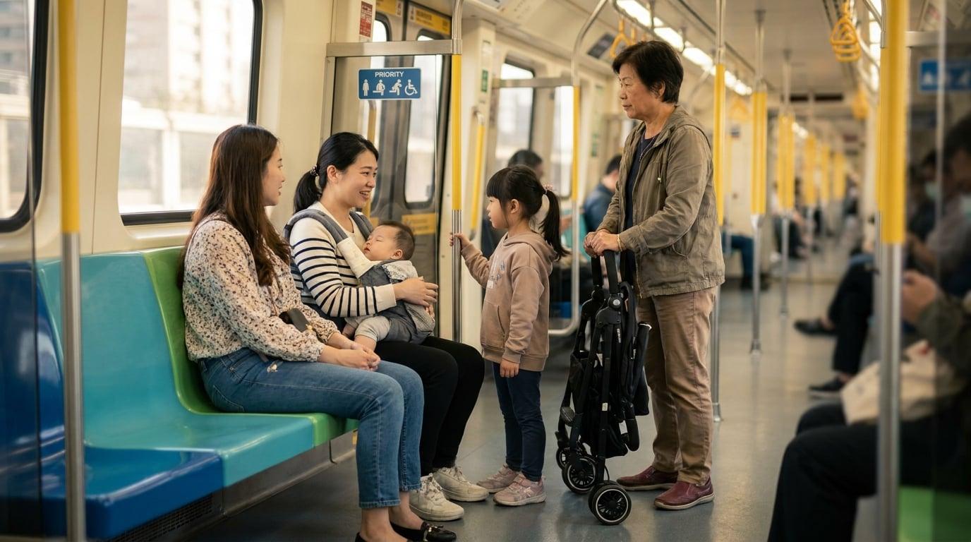 Taiwanese nanny and visiting family with folded stroller on Taipei MRT train