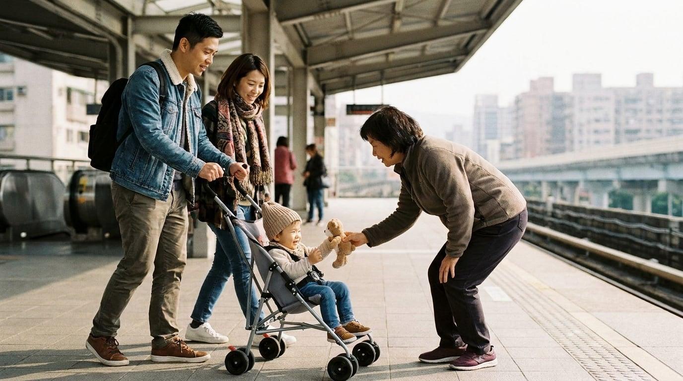 Taiwanese nanny engaging toddler in stroller on Taipei MRT elevated platform